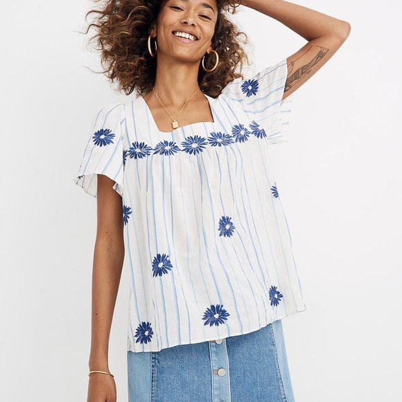 Madewell Tops - Madewell Cream and Blue Square Neck Peasant Blouse